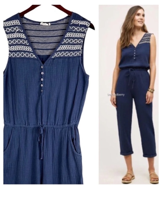 Anthropologie Pants - Anthropologie Lilka Sz XL 14 16 Jumpsuit Embroidered Navy Blue Slvlss. Gauze